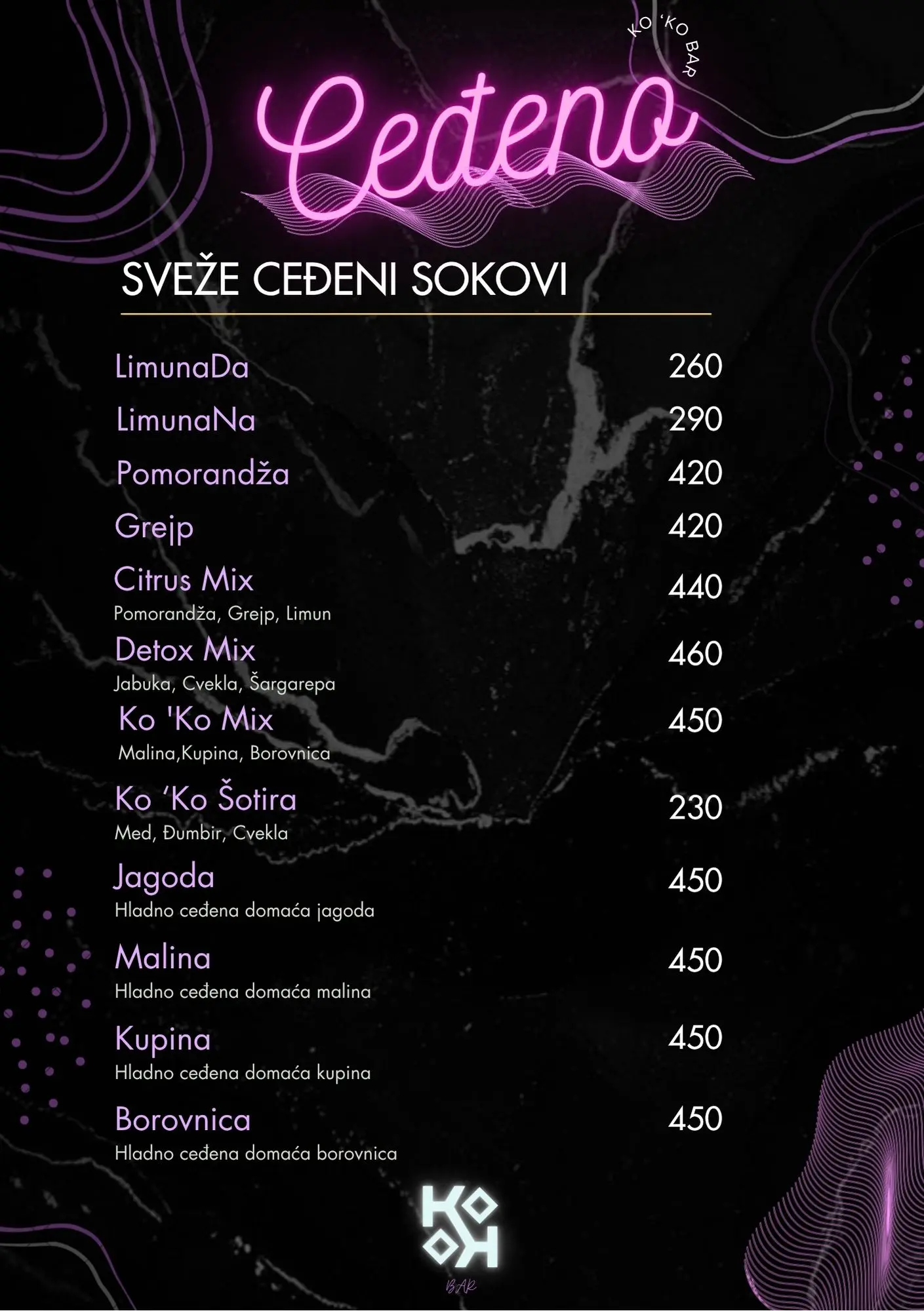 Cedjeni sokovi u karti pica