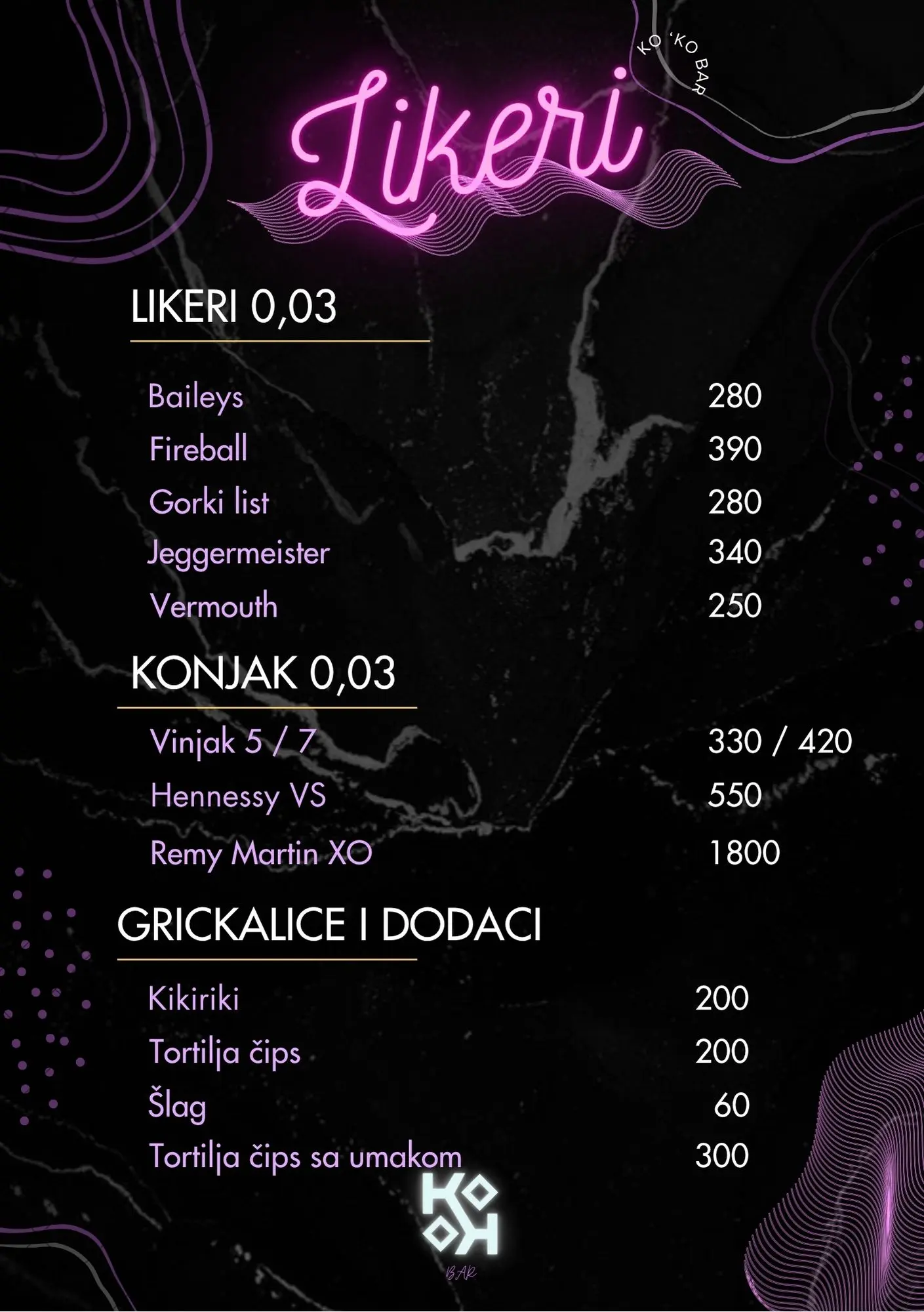 Likeri, konjak i grickalice u karti pica