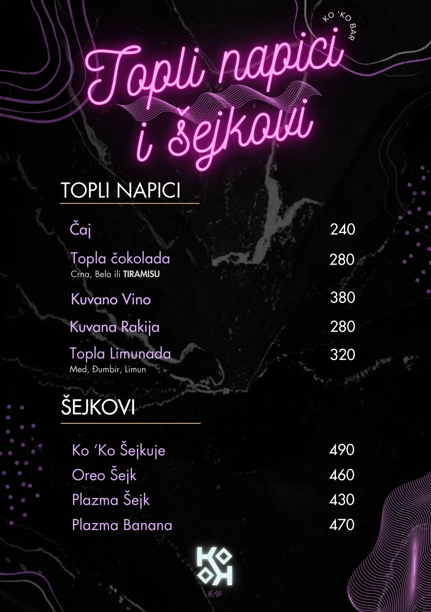 Topli napici i sejkovi u karti pica