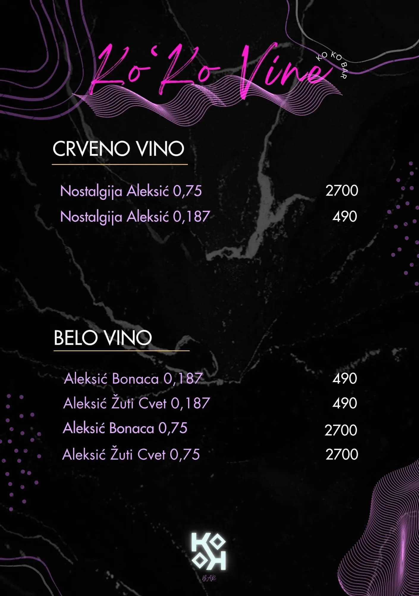 Crveno i belo vino u karti pica