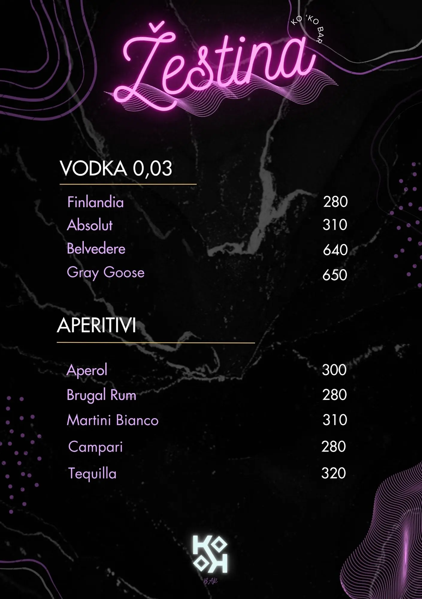 Vodka i aperitivi u karti pica