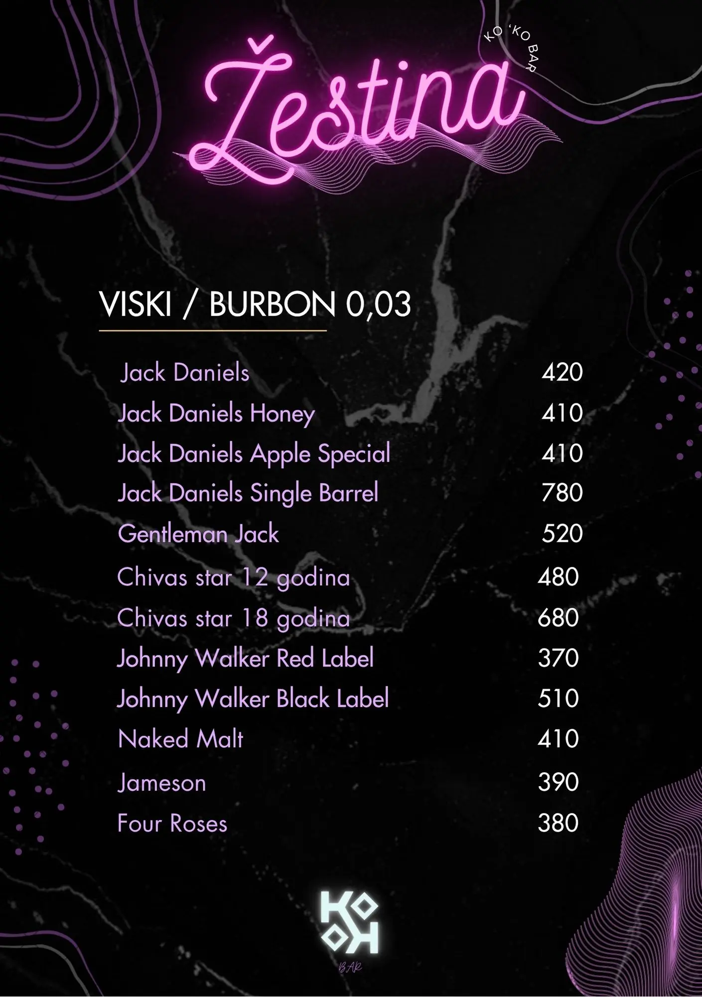 Viski i burbon u karti pica